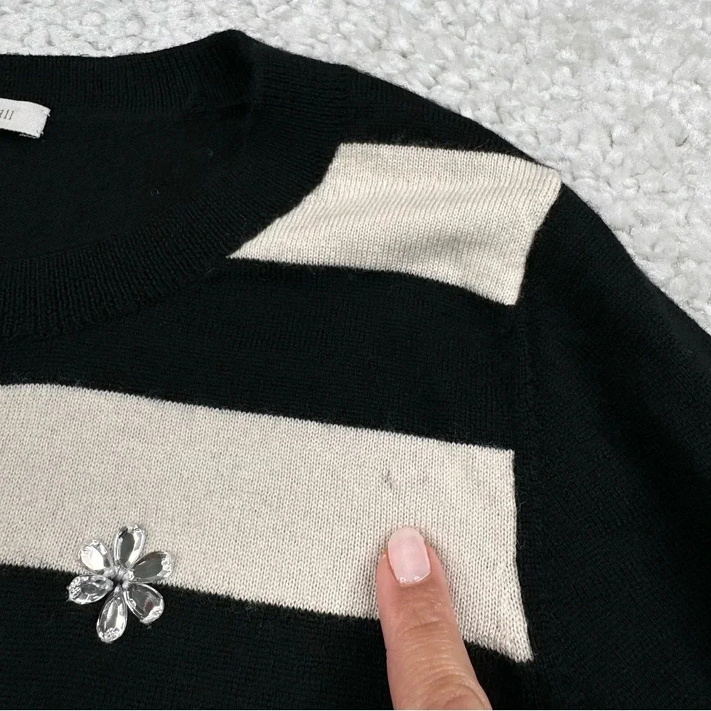 Garnet Hill 100% Wool Rhinestone Flower Striped Shirt. Black and Tan. Small
